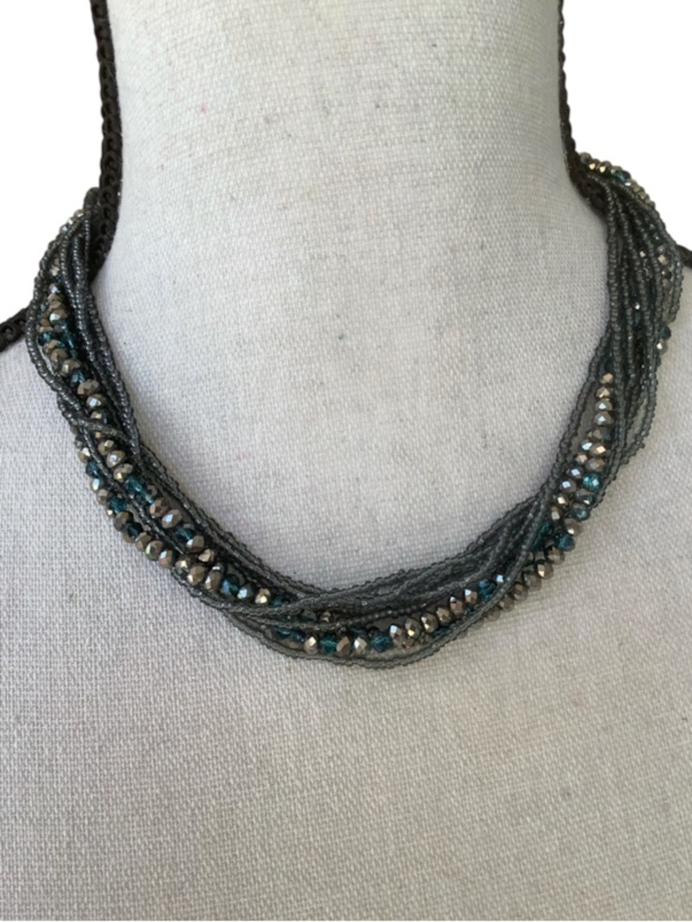 Premier Designs gray & Teal Beaded Twisted Multi-Strand Necklace -